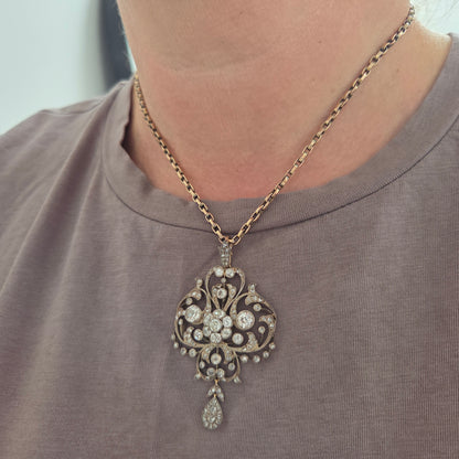 Victorian Antique Old Cut Diamond Scroll Drop Pendant