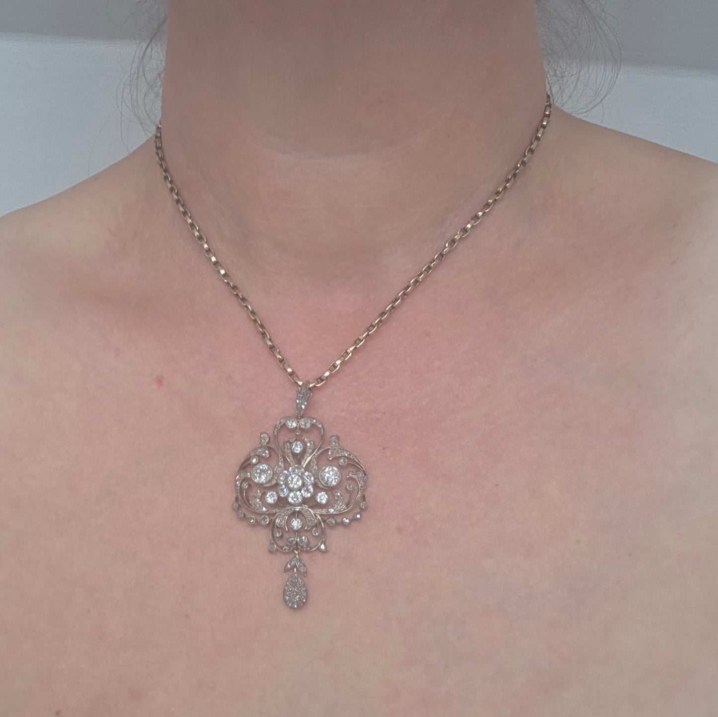 Victorian Antique Old Cut Diamond Scroll Drop Pendant