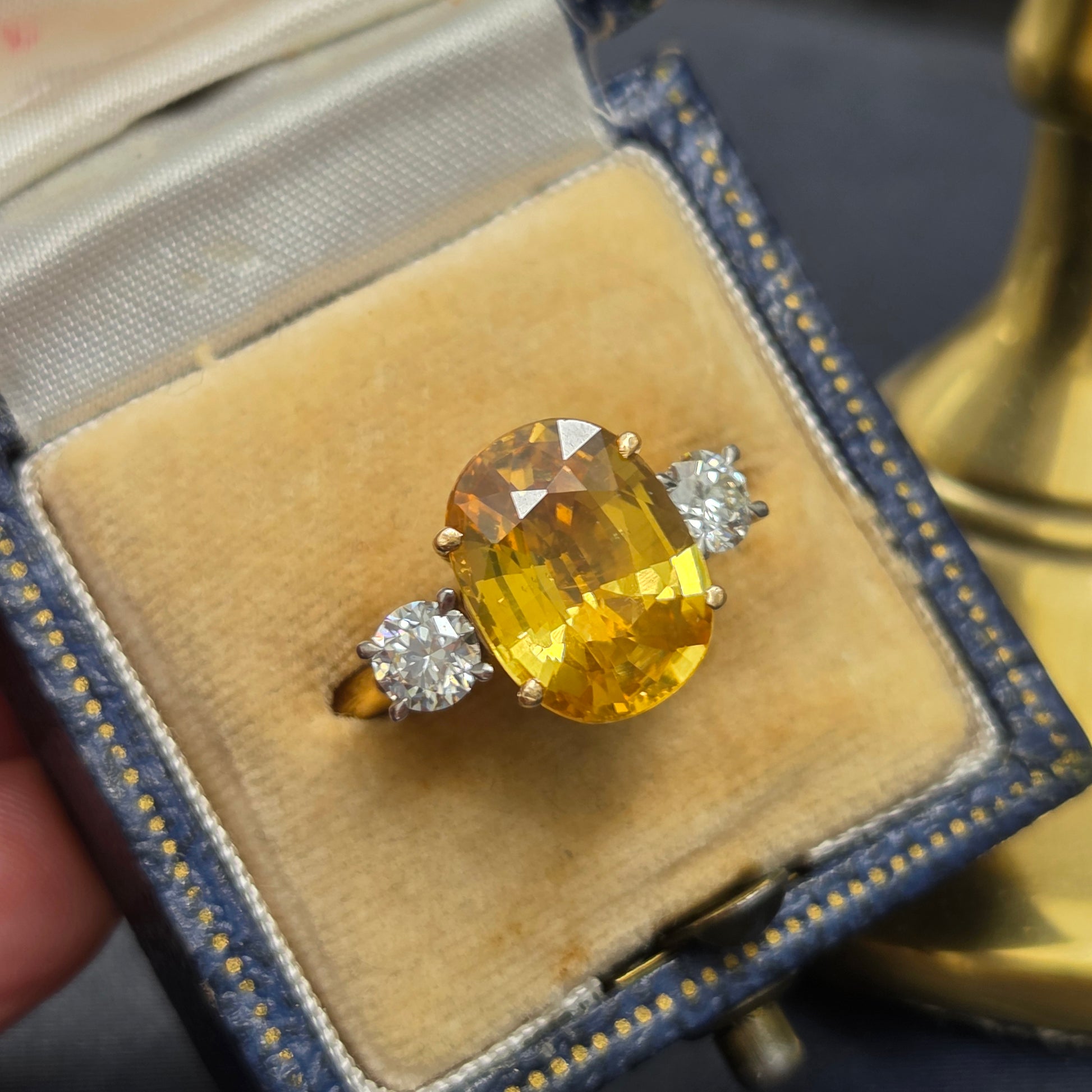 Oval Yellow Sapphire and Diamond Three Stone Engagement Ring in Platinum and 18ct Yellow Gold