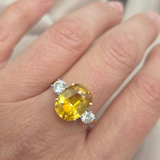 Oval Yellow Sapphire and Diamond Three Stone Engagement Ring in Platinum and 18ct Yellow Gold