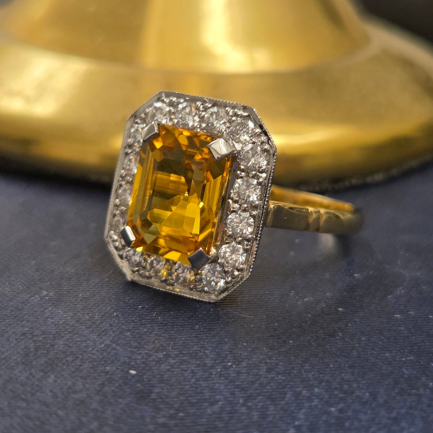4.25ct Emerald Cut Yellow Sapphire and Diamond Cluster Engagement Ring in Platinum to 18ct Yellow Gold