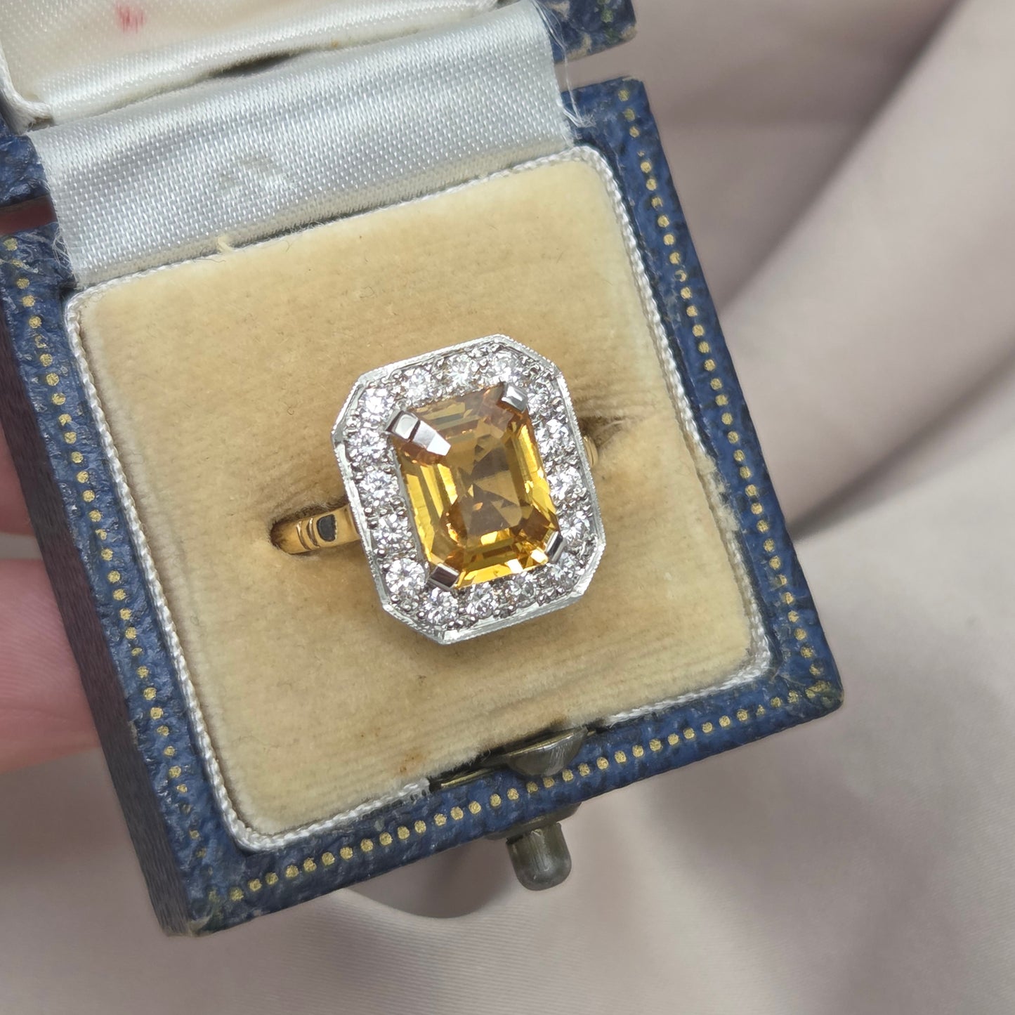 4.25ct Emerald Cut Yellow Sapphire and Diamond Cluster Engagement Ring in Platinum to 18ct Yellow Gold