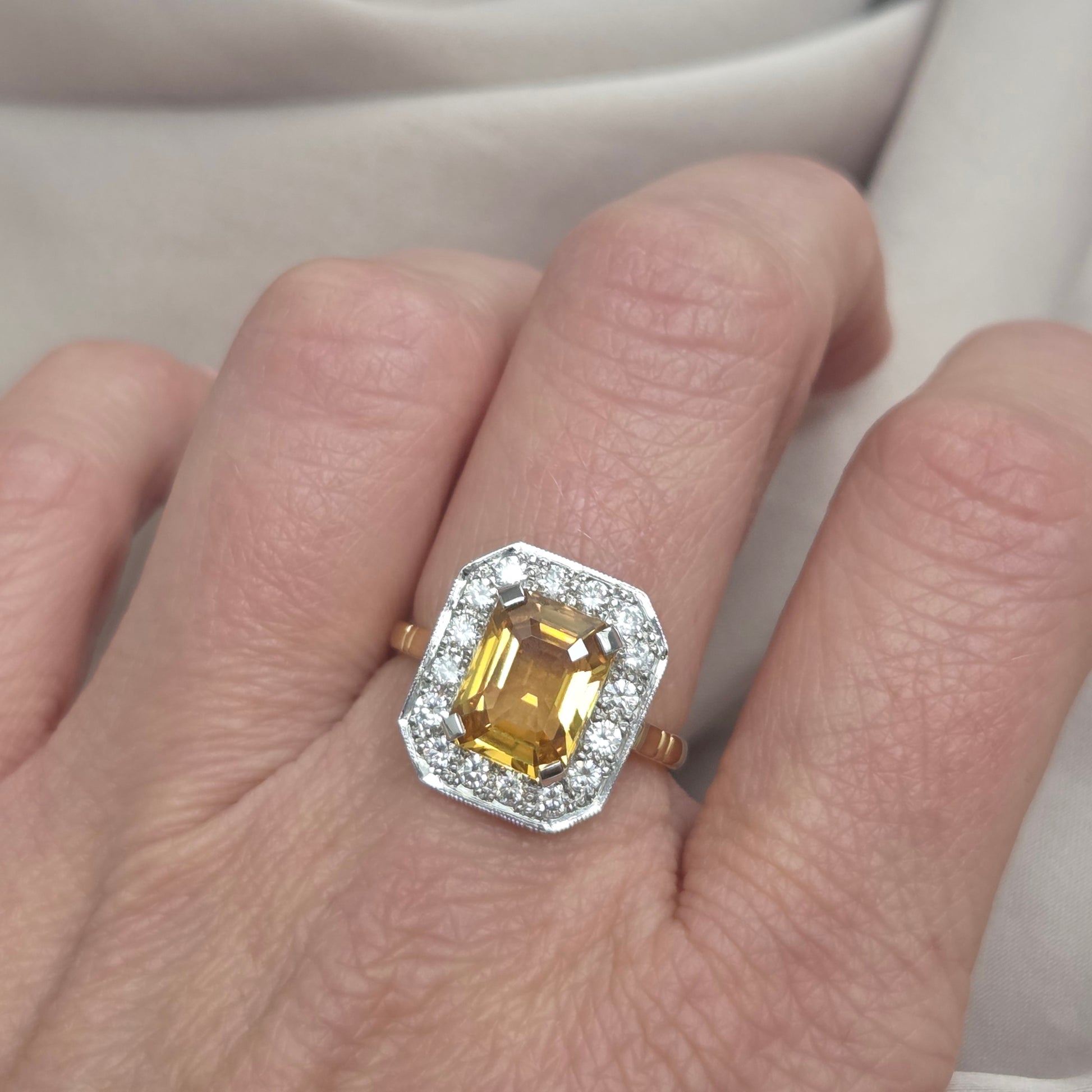 4.25ct Emerald Cut Yellow Sapphire and Diamond Cluster Engagement Ring in Platinum to 18ct Yellow Gold