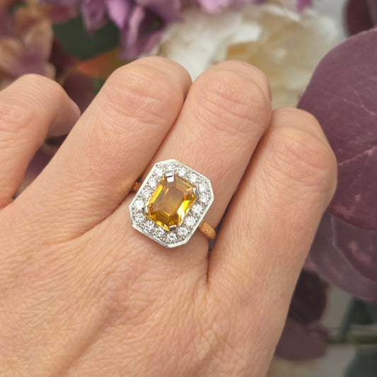 4.25ct Emerald Cut Yellow Sapphire and Diamond Cluster Engagement Ring in Platinum to 18ct Yellow Gold