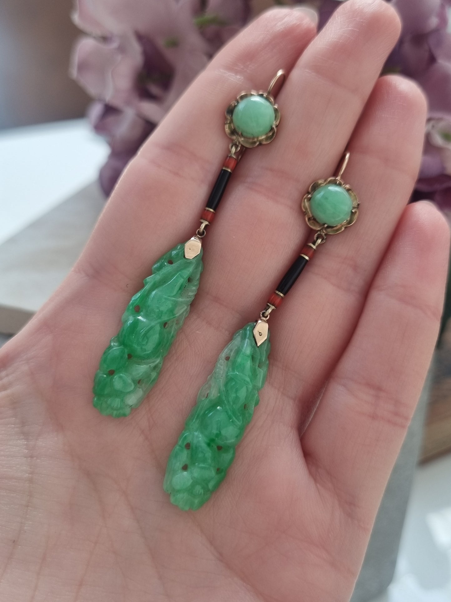 Art Deco Carved Jade Drop Earrings with Black and Orange Enamel