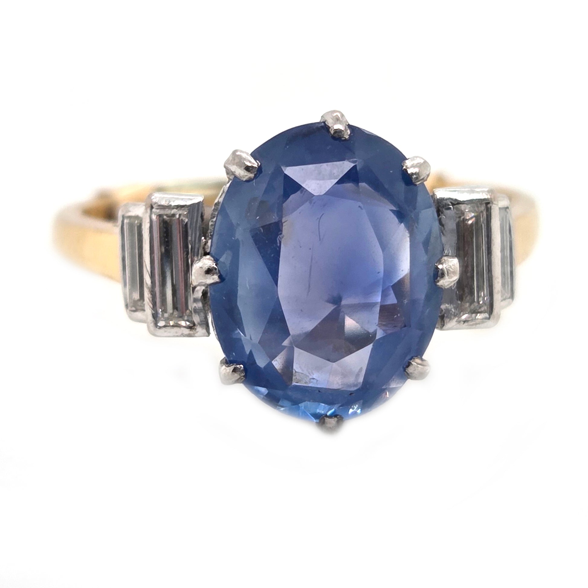 Vintage 3.7ct Oval Sapphire and Baguette Diamond Engagement Ring