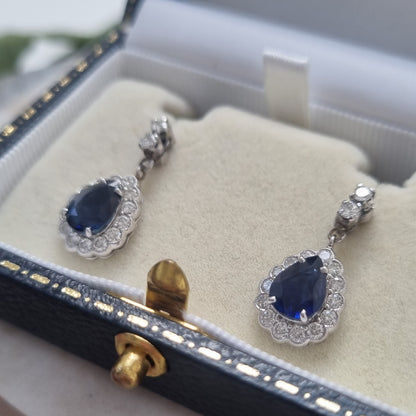 3.56ct Pear Cut Sapphire and Diamond Cluster Drop Earrings