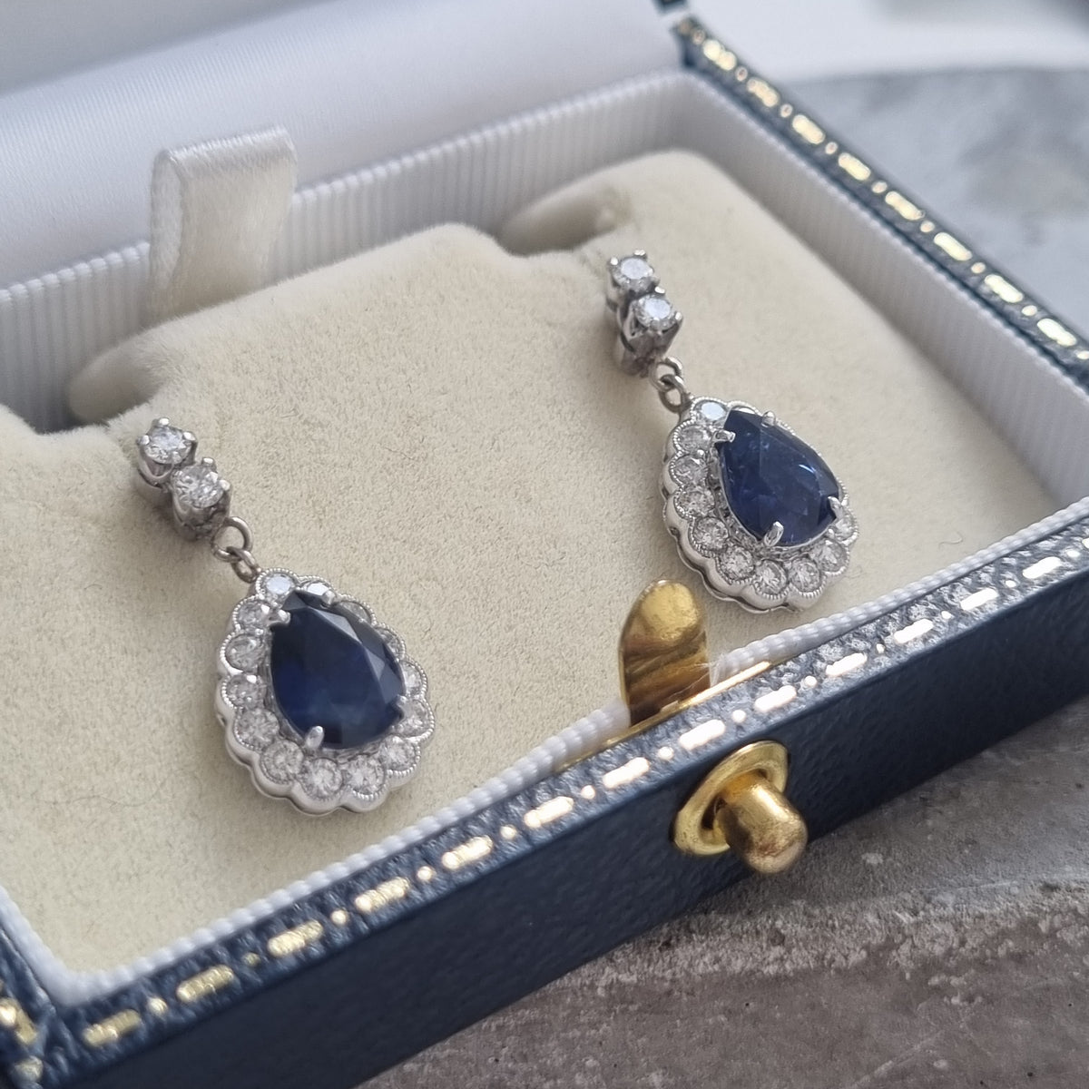 3.56ct Pear Cut Sapphire and Diamond Cluster Drop Earrings