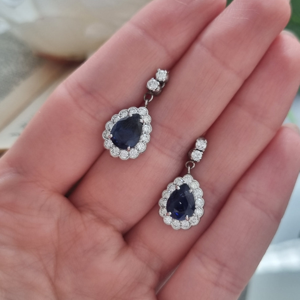 3.56ct Pear Cut Sapphire and Diamond Cluster Drop Earrings