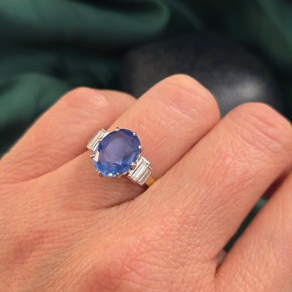 Vintage 3.7ct Oval Sapphire and Baguette Diamond Engagement Ring