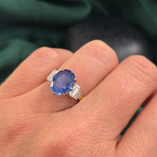 Vintage 3.7ct Oval Sapphire and Baguette Diamond Engagement Ring