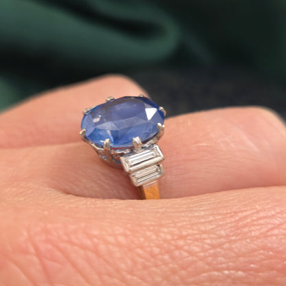 Vintage 3.7ct Oval Sapphire and Baguette Diamond Engagement Ring