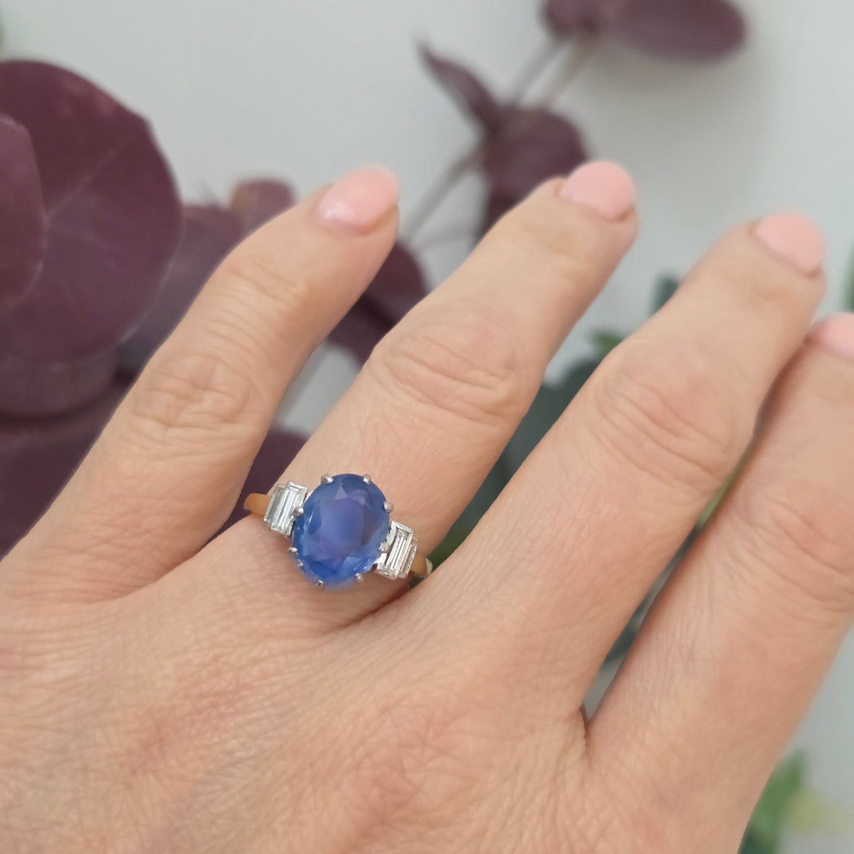 Vintage 3.7ct Oval Sapphire and Baguette Diamond Engagement Ring