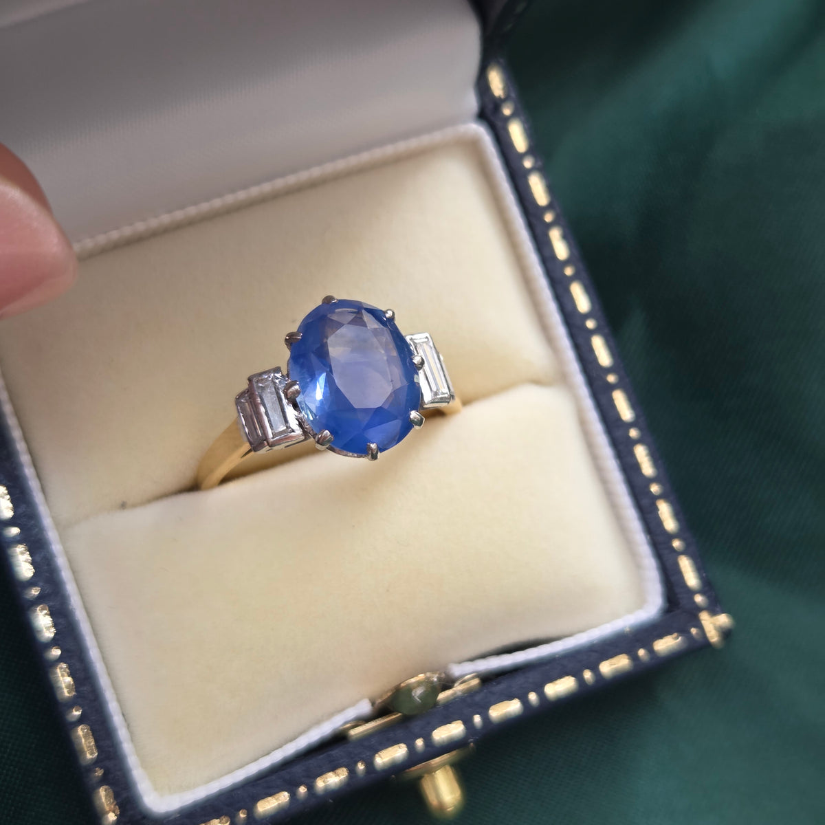 Vintage 3.7ct Oval Sapphire and Baguette Diamond Engagement Ring
