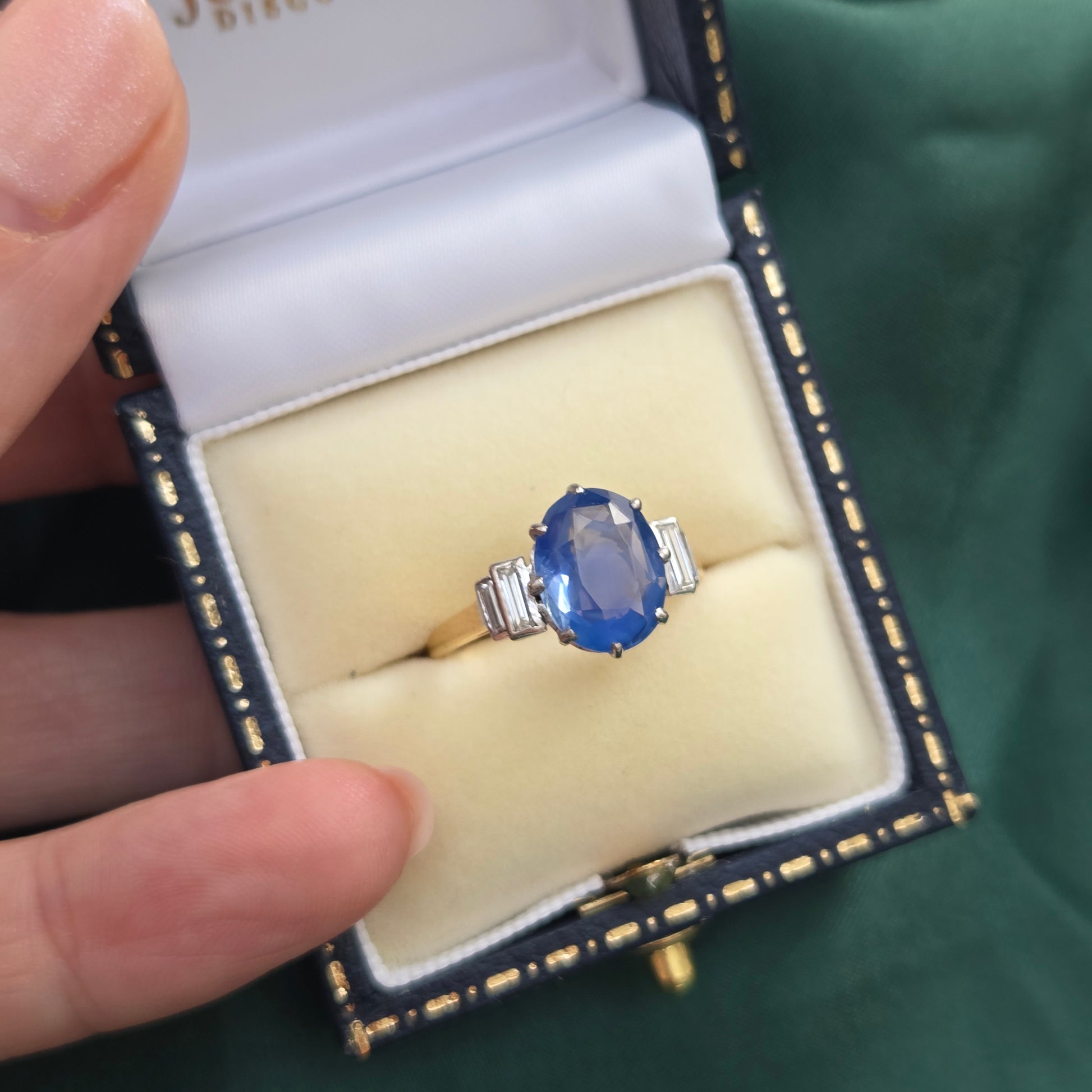 Vintage 3.7ct Oval Sapphire and Baguette Diamond Engagement Ring