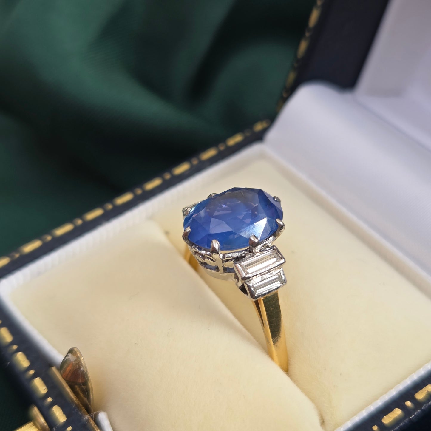 Vintage 3.7ct Oval Sapphire and Baguette Diamond Engagement Ring