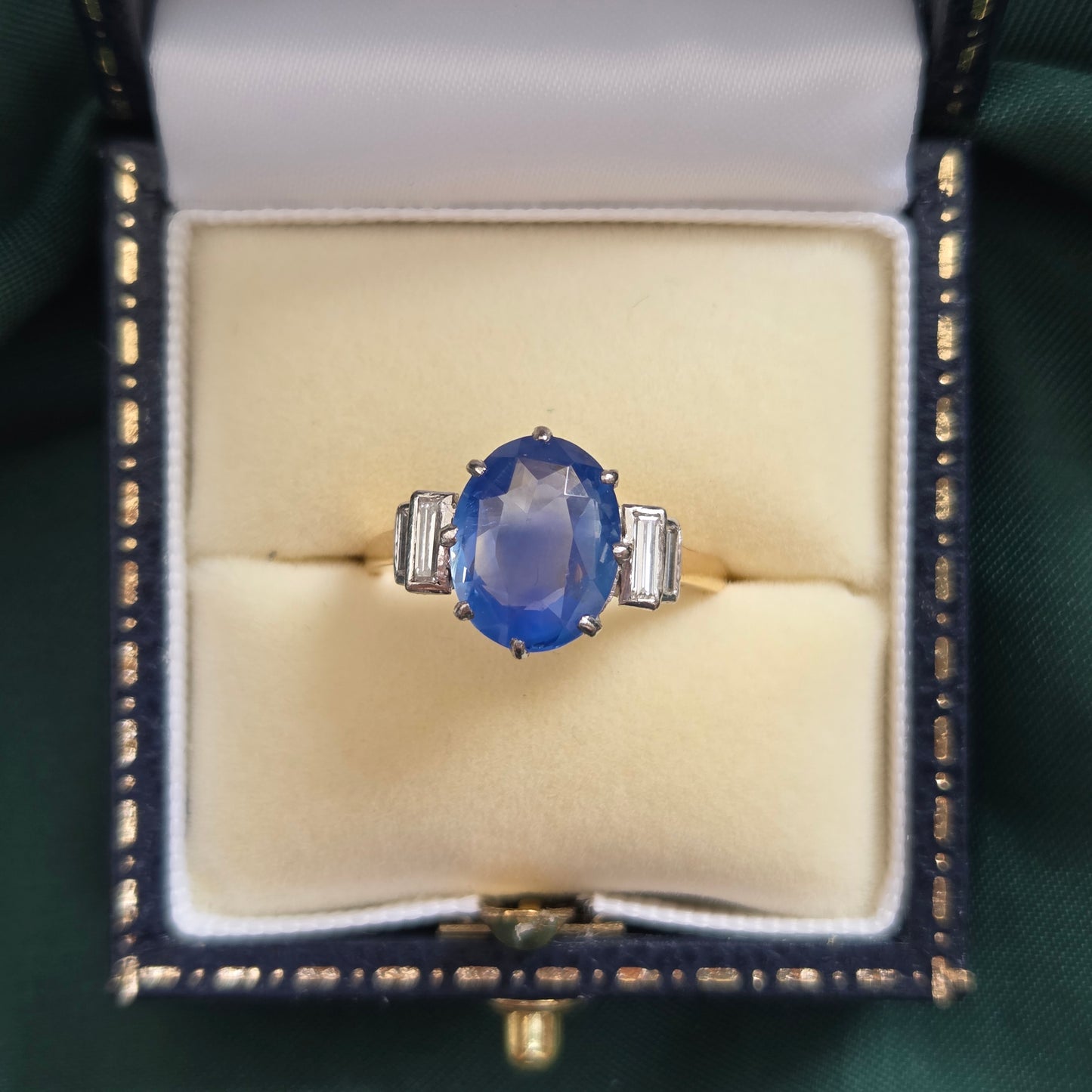 Vintage 3.7ct Oval Sapphire and Baguette Diamond Engagement Ring