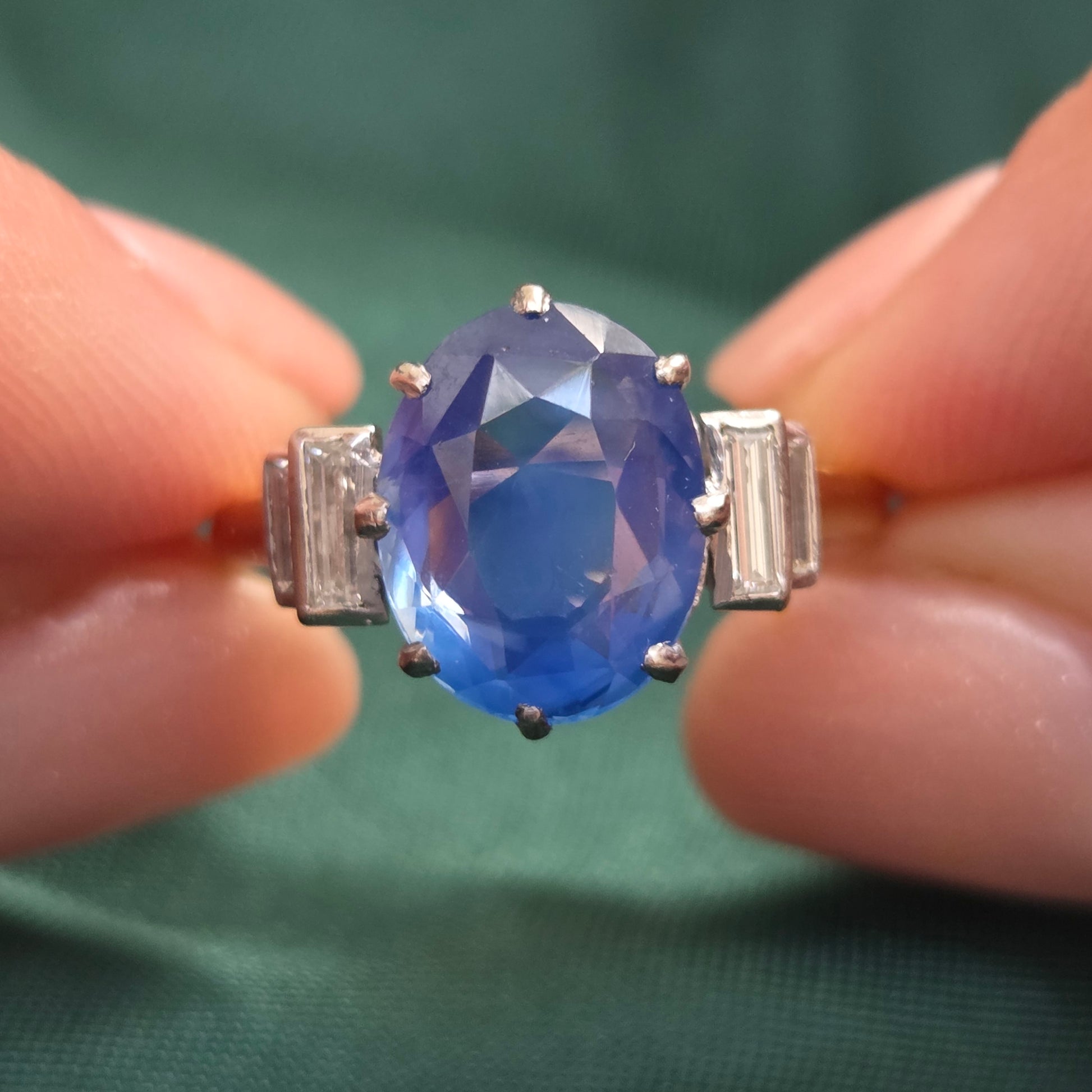 Vintage 3.7ct Oval Sapphire and Baguette Diamond Engagement Ring