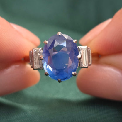 Vintage 3.7ct Oval Sapphire and Baguette Diamond Engagement Ring