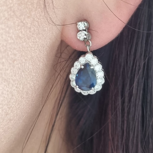 3.56ct Pear Cut Sapphire and Diamond Cluster Drop Earrings