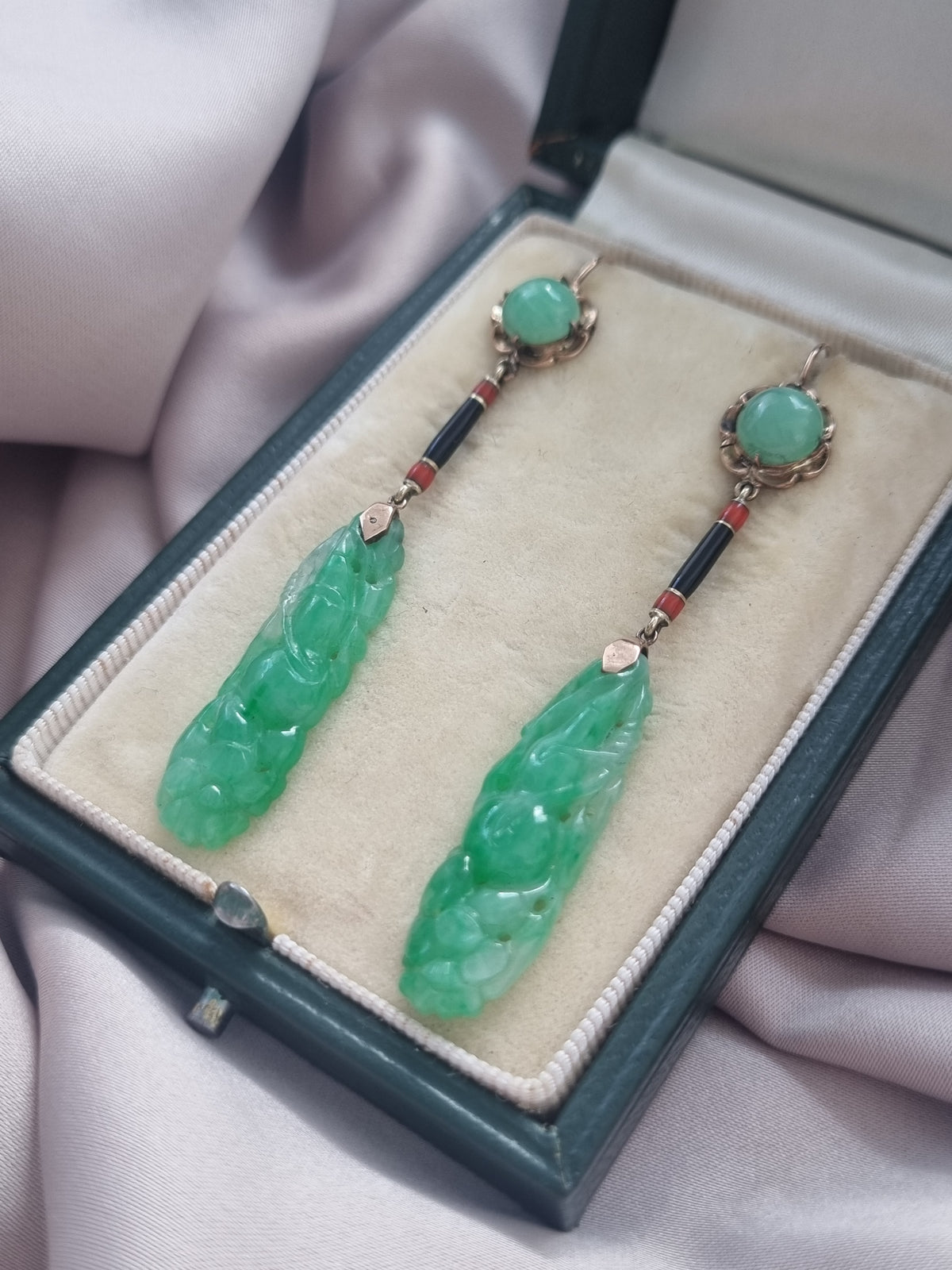 Art Deco Carved Jade Drop Earrings with Black and Orange Enamel