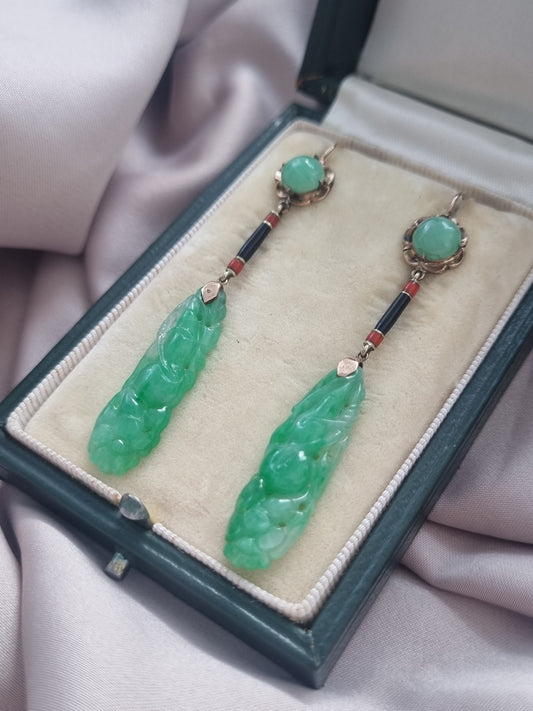 Art Deco Carved Jade Drop Earrings with Black and Orange Enamel