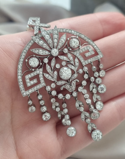 Antique Vintage Art Deco 5cts Diamond Fridge Pendant Necklace come Brooch on Natural Pearl and Platinum Chain
