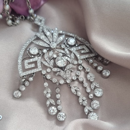 Antique Vintage Art Deco 5cts Diamond Fridge Pendant Necklace come Brooch on Natural Pearl and Platinum Chain