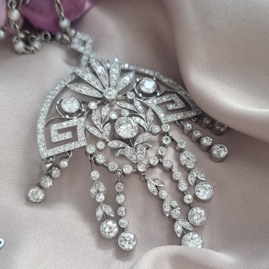 Antique Vintage Art Deco 5cts Diamond Fridge Pendant Necklace come Brooch on Natural Pearl and Platinum Chain