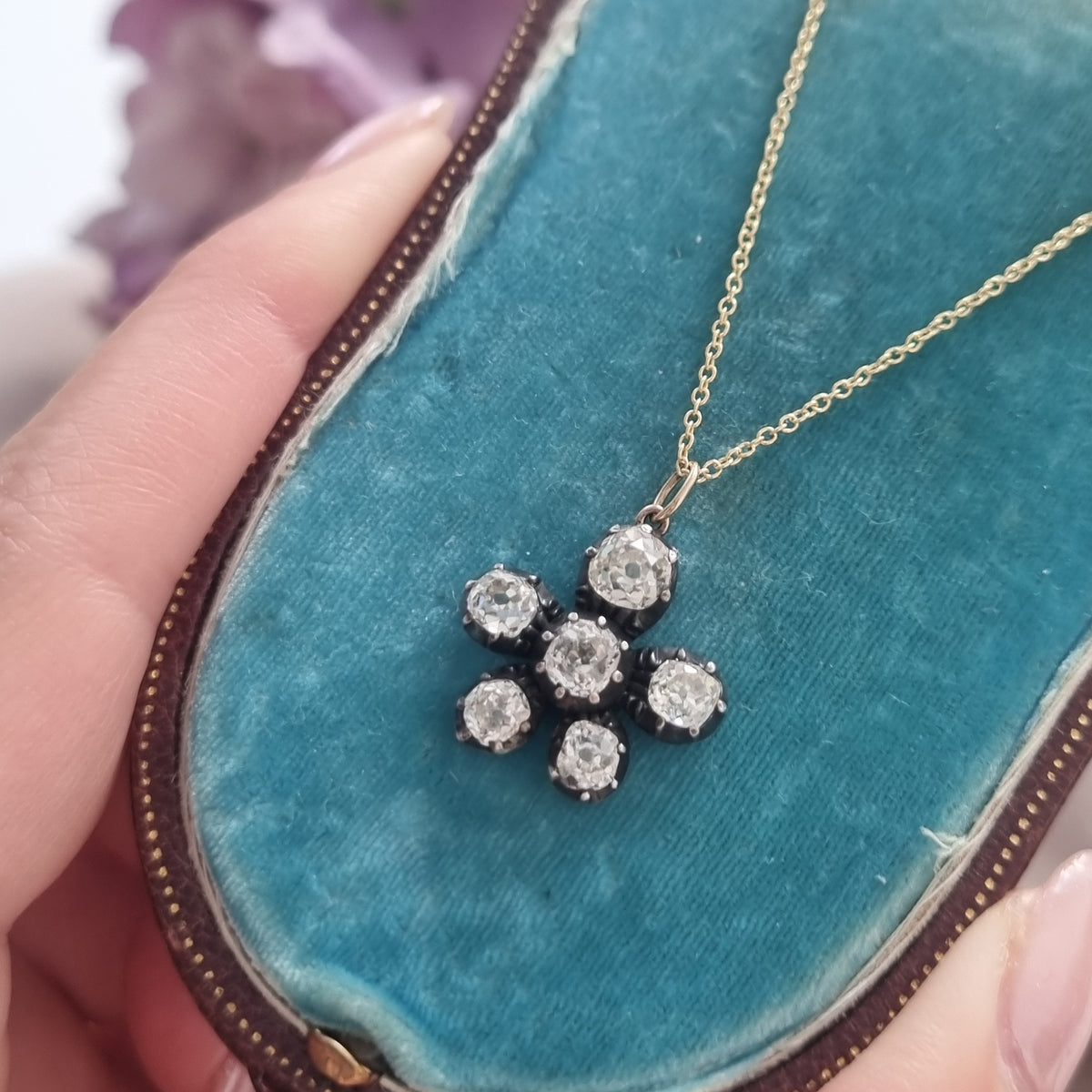 Antique 1.80ct Old Cut Diamond Flower Pendant with Chain