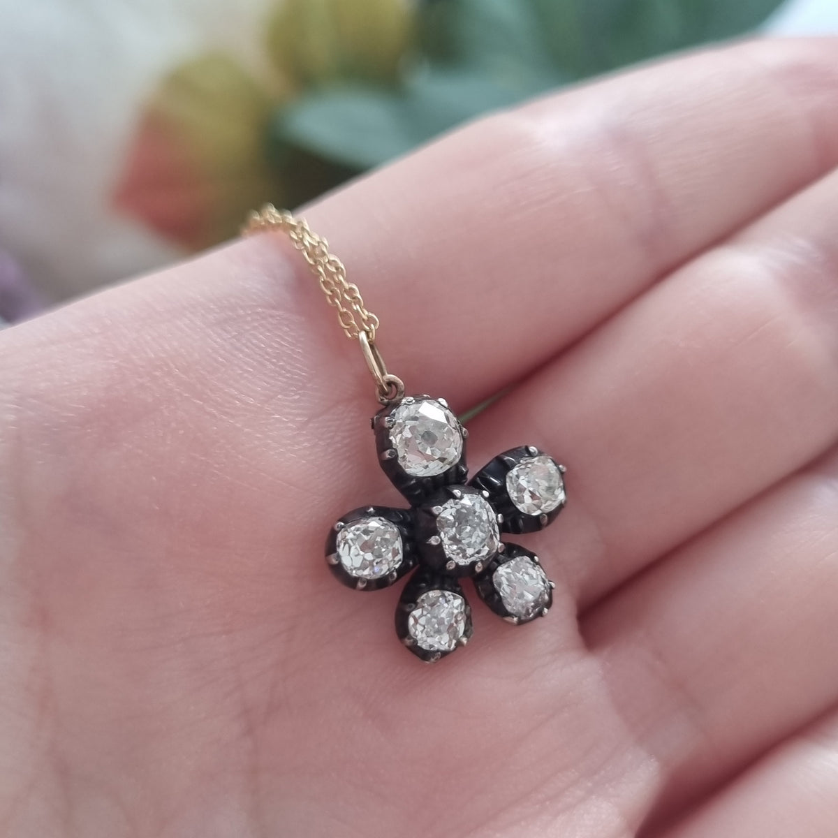 Antique 1.80ct Old Cut Diamond Flower Pendant with Chain