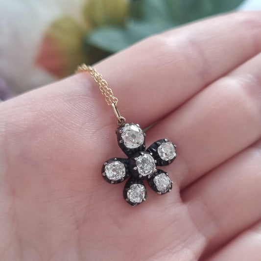 Antique 1.80ct Old Cut Diamond Flower Pendant with Chain
