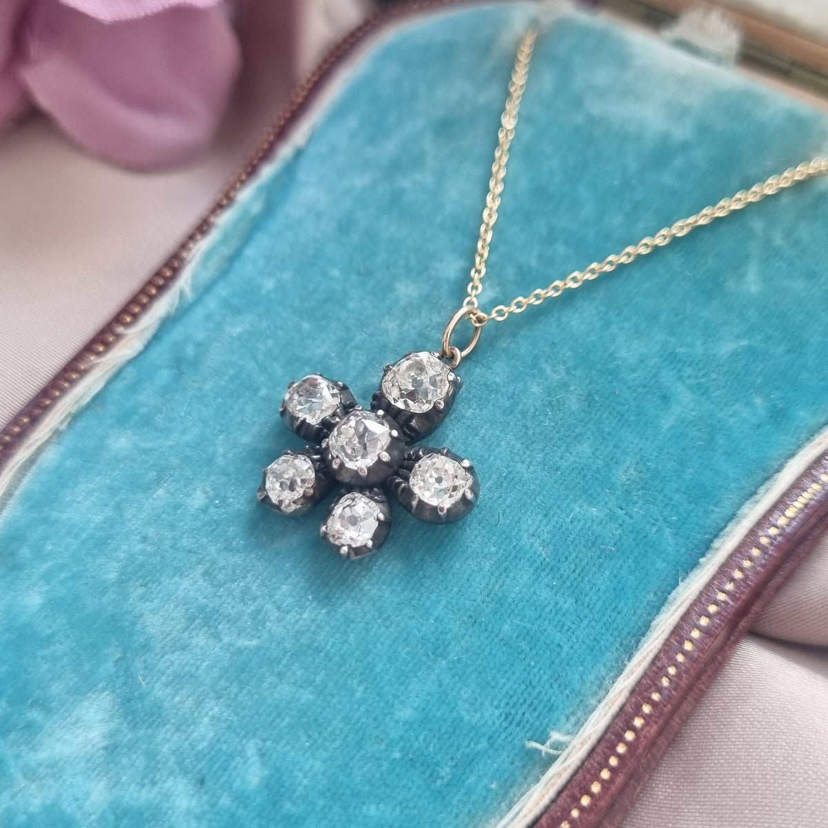 Antique 1.80ct Old Cut Diamond Flower Pendant with Chain
