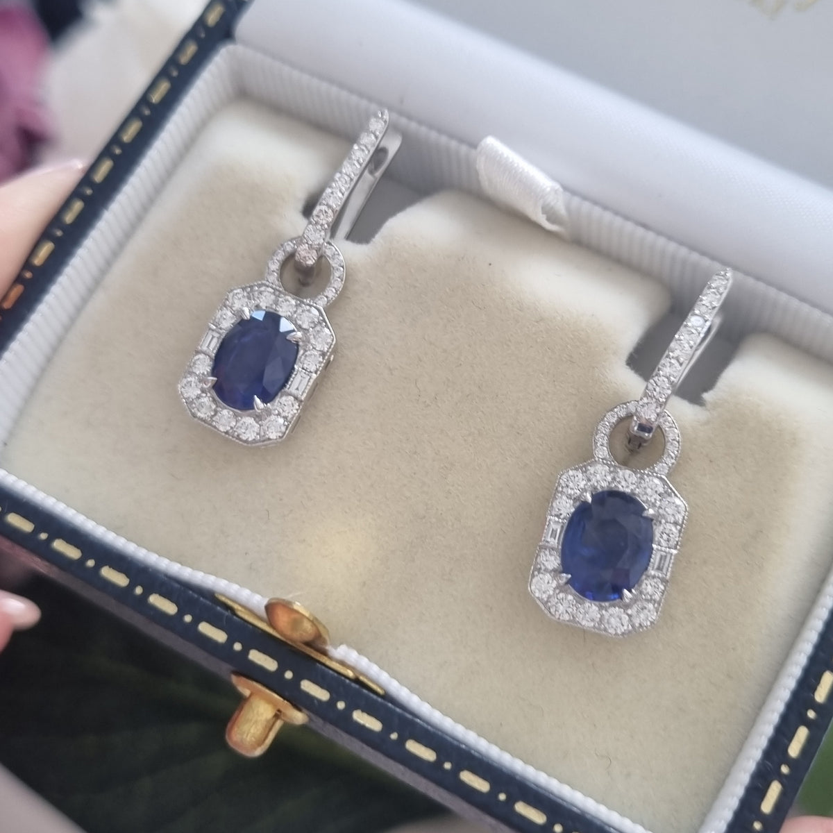 Contemporary 3.4ct Sapphire and Diamond Cluster Drop Earrings