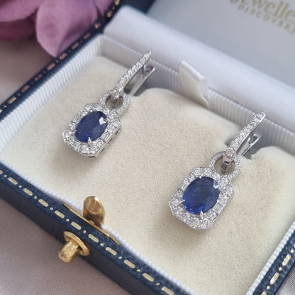 Contemporary 3.4ct Sapphire and Diamond Cluster Drop Earrings