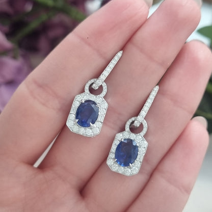 Contemporary 3.4ct Sapphire and Diamond Cluster Drop Earrings