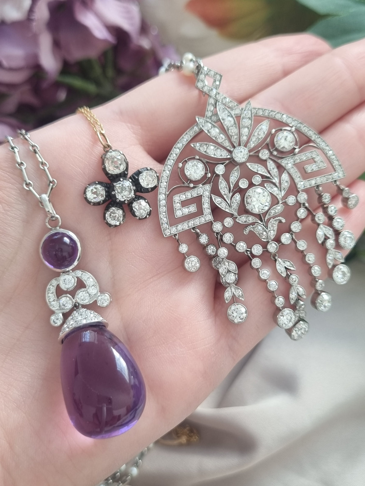 Antique Vintage Art Deco 5cts Diamond Fridge Pendant Necklace come Brooch on Natural Pearl and Platinum Chain