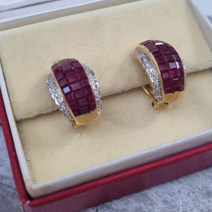 Vintage 18 Carat Yellow Gold Ruby and Diamond Convertible Stud and Clip-on Earrings