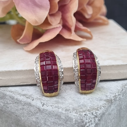 Vintage 18 Carat Yellow Gold Ruby and Diamond Convertible Stud and Clip-on Earrings