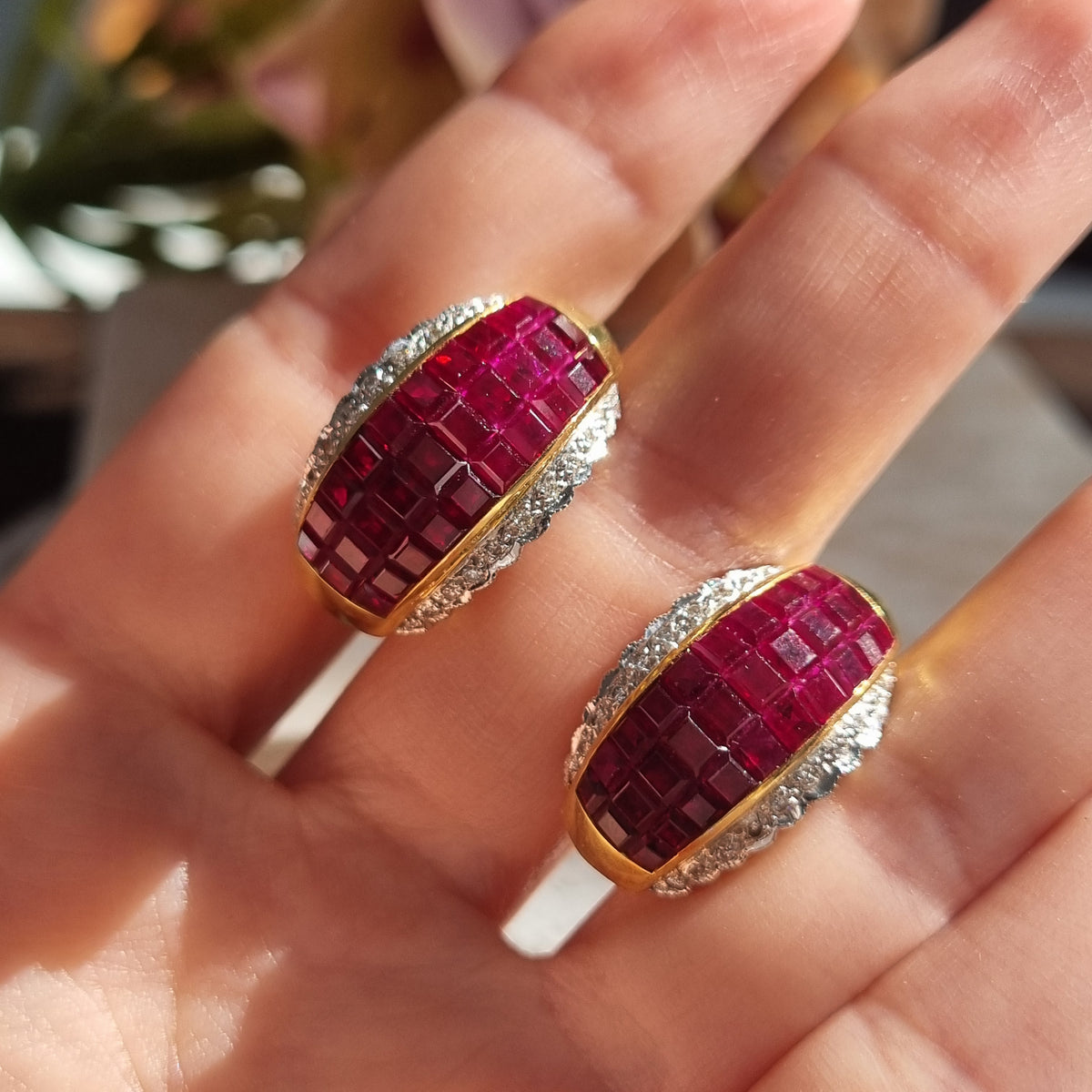 Vintage 18 Carat Yellow Gold Ruby and Diamond Convertible Stud and Clip-on Earrings