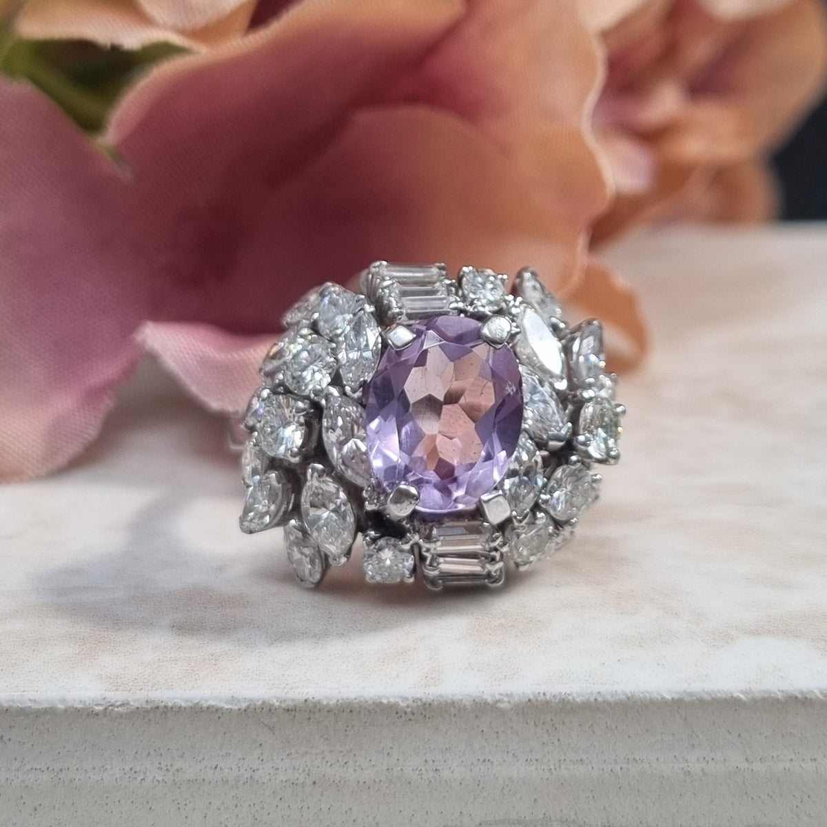Vintage Lilac Amethyst and Diamond Statement Cluster Cocktail Ring, 2.5 carats of Baguette Brilliant Marquise Diamonds