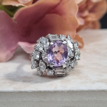 Vintage Lilac Amethyst and Diamond Statement Cluster Cocktail Ring, 2.5 carats of Baguette Brilliant Marquise Diamonds