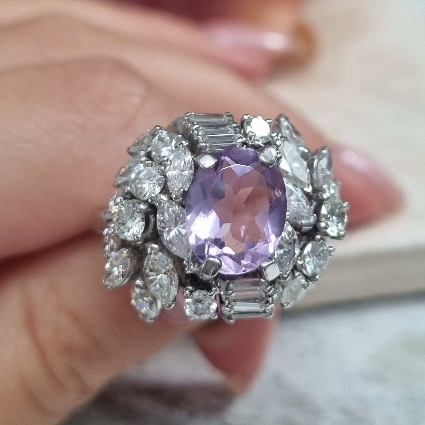 Vintage Lilac Amethyst and Diamond Statement Cluster Cocktail Ring, 2.5 carats of Baguette Brilliant Marquise Diamonds