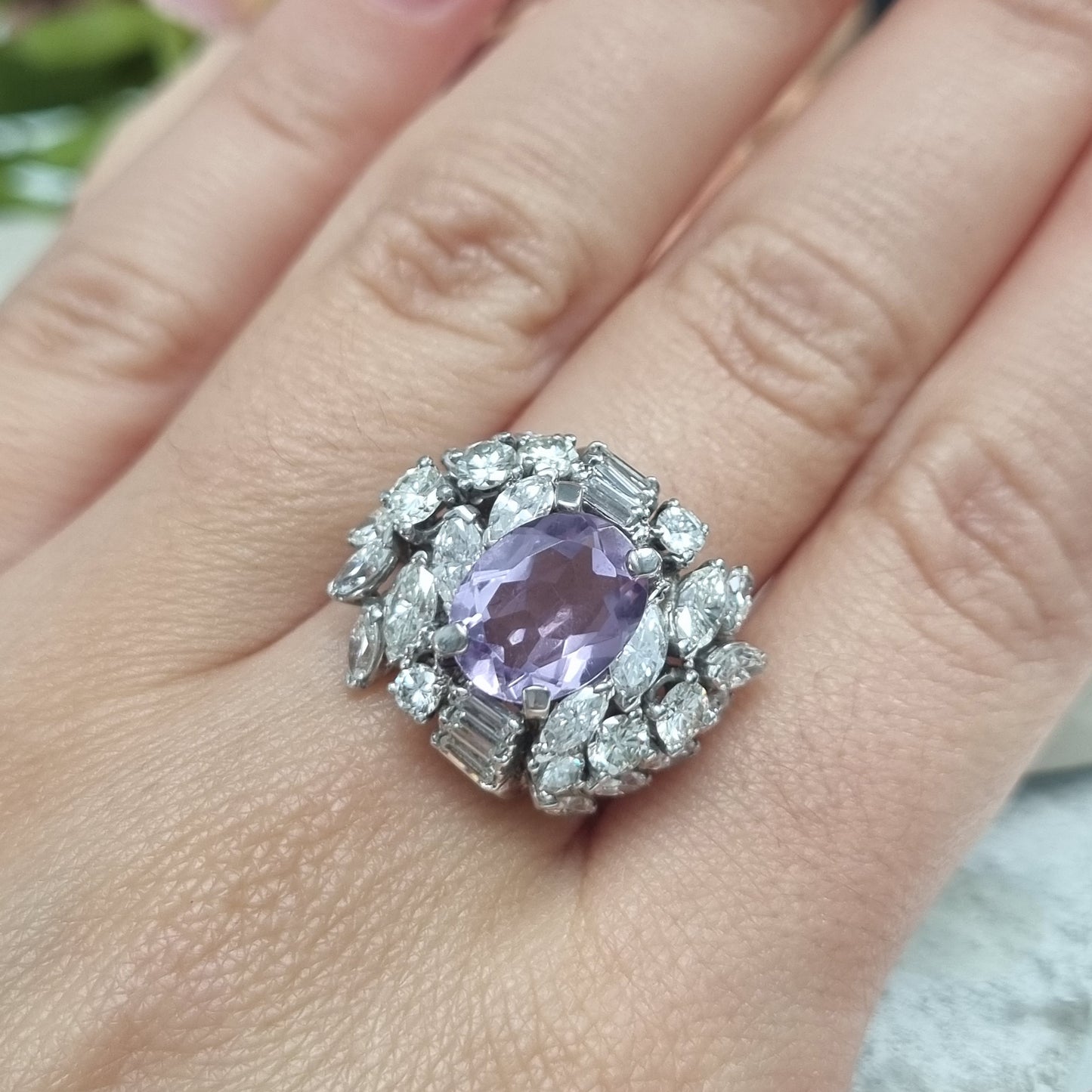 Vintage Lilac Amethyst and Diamond Statement Cluster Cocktail Ring, 2.5 carats of Baguette Brilliant Marquise Diamonds