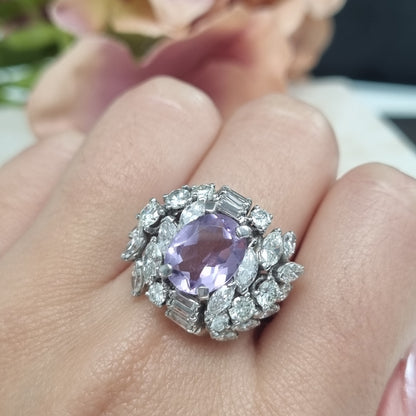 Vintage Lilac Amethyst and Diamond Statement Cluster Cocktail Ring, 2.5 carats of Baguette Brilliant Marquise Diamonds