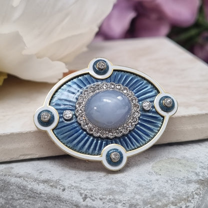 Edwardian Antique Star Sapphire Diamond Blue and White Enamel Pendant Brooch