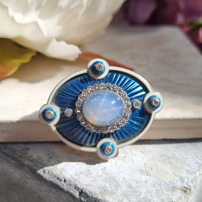 Edwardian Antique Star Sapphire Diamond Blue and White Enamel Pendant Brooch