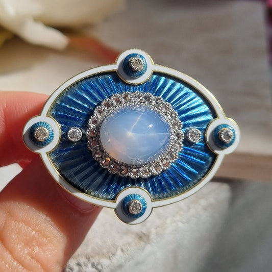 Edwardian Antique Star Sapphire Diamond Blue and White Enamel Pendant Brooch