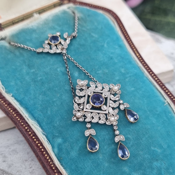 Antique Sapphire and Diamond Drop Pendant