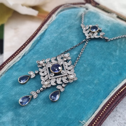 Antique Sapphire and Diamond Drop Pendant